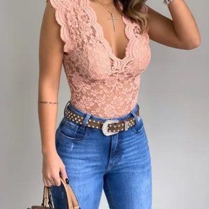 Pink Women Lace‎ Sleeveless Pullover Tops, Ladies Tank Tee Blouse T shirt